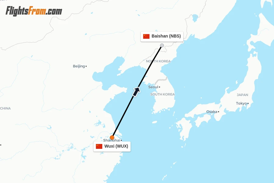 Flights from Wuxi to Baishan route map