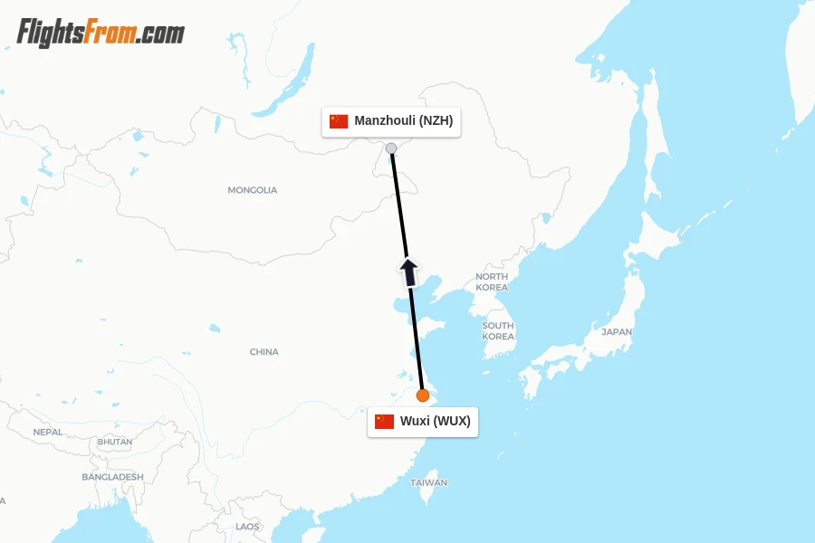 Flights from Wuxi to Manzhouli route map