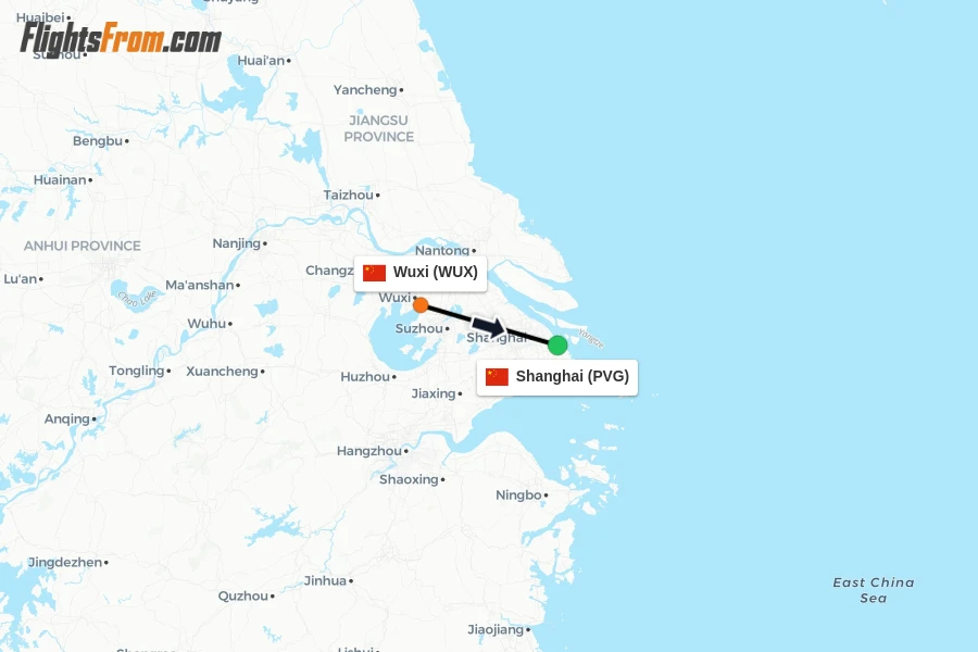 Flights from Wuxi to Shanghai route map