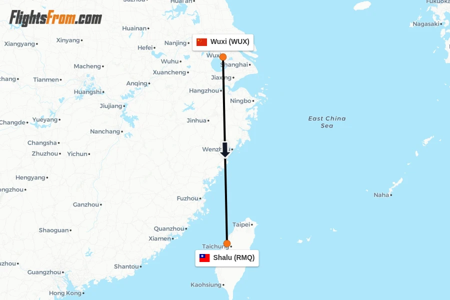 Flights from Wuxi to Shalu route map