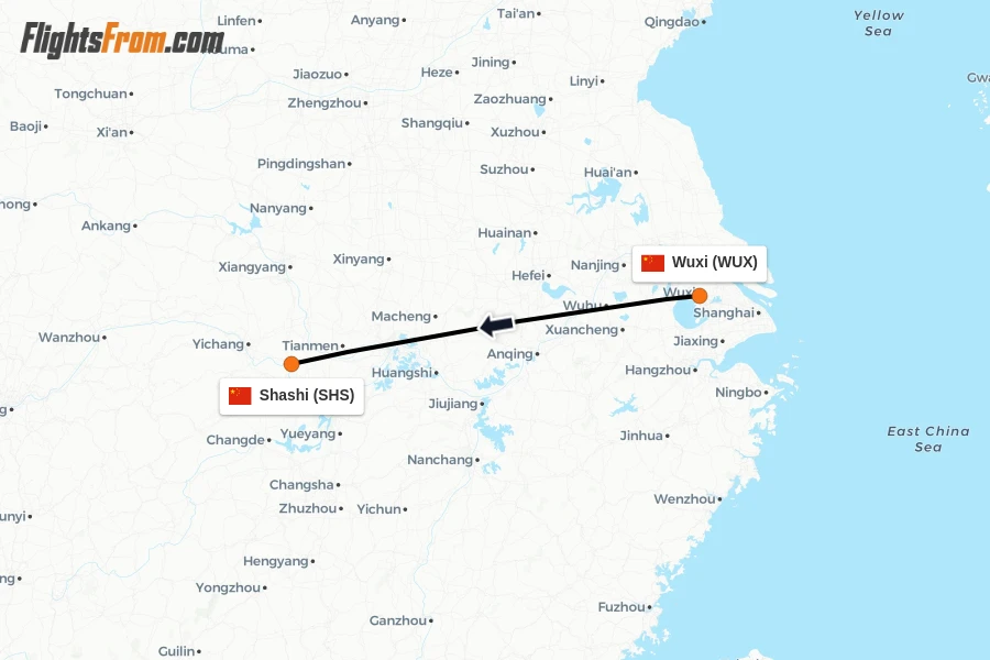 Flights from Wuxi to Shashi route map