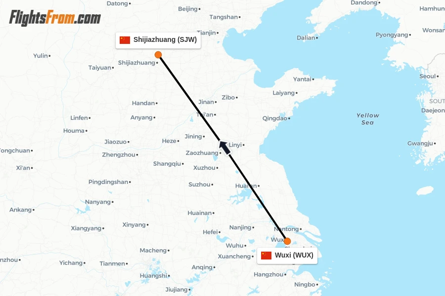 Flights from Wuxi to Shijiazhuang route map