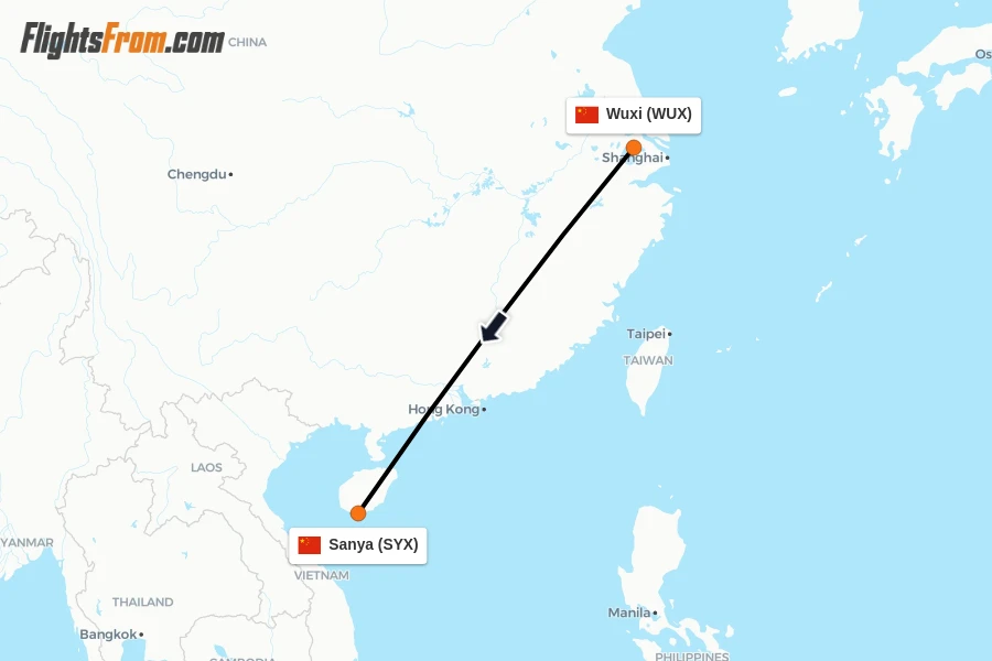 Flights from Wuxi to Sanya route map