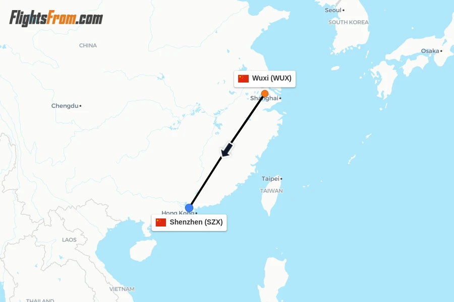 Flights from Wuxi to Shenzhen route map