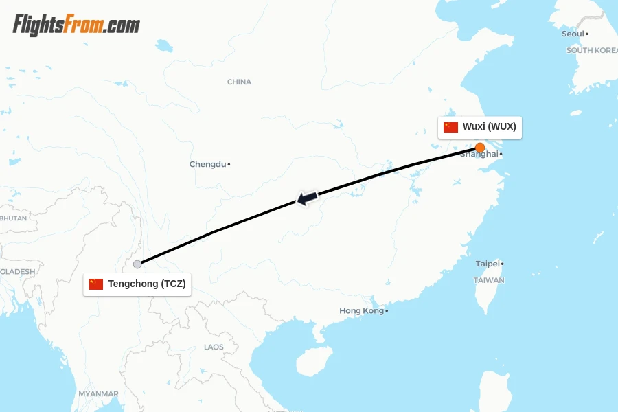 Flights from Wuxi to Tengchong route map