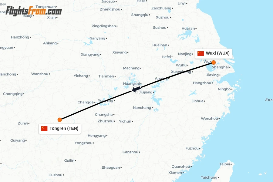 Flights from Wuxi to Tongren route map