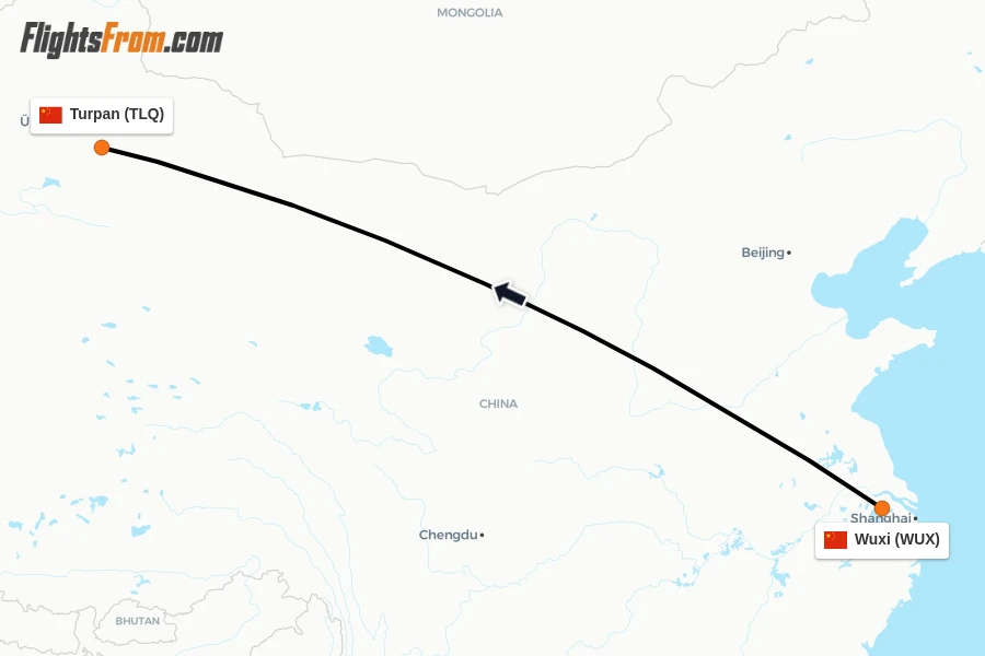 Flights from Wuxi to Turpan route map