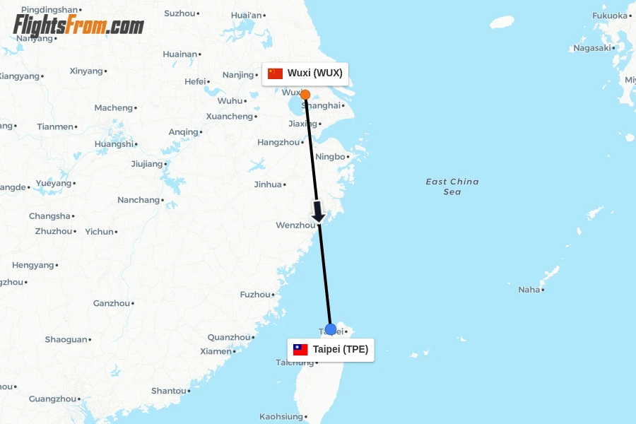Flights from Wuxi to Taipei route map