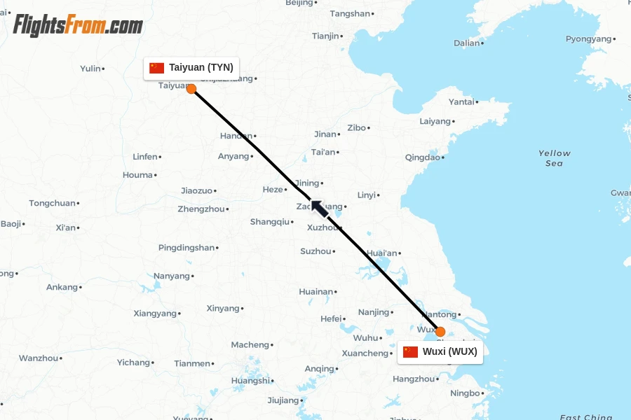 Flights from Wuxi to Taiyuan route map