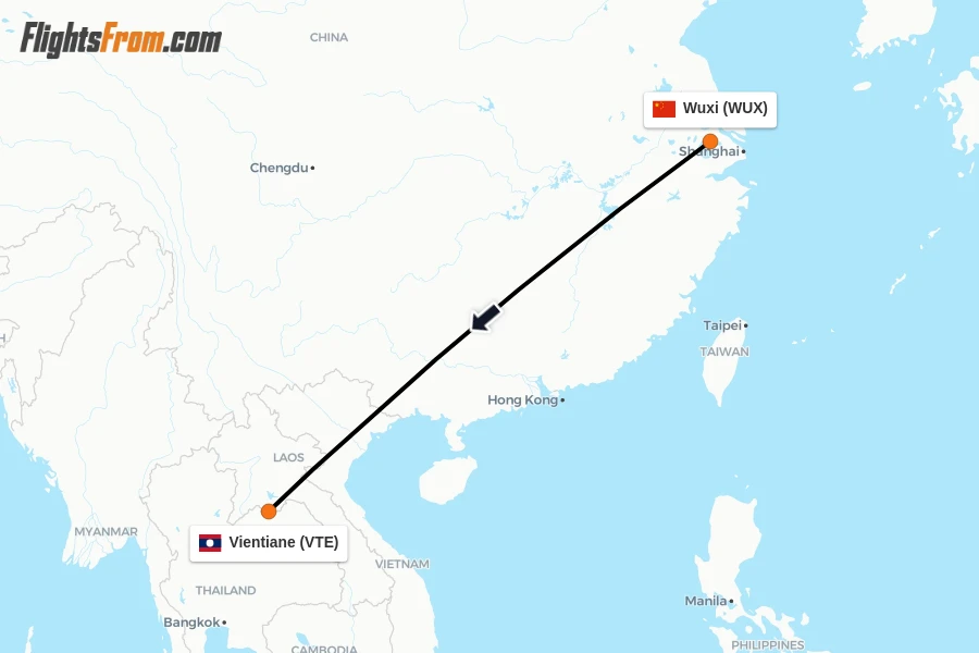 Flights from Wuxi to Vientiane route map