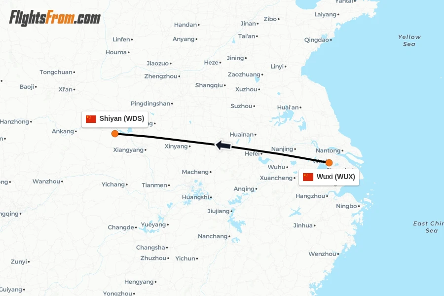 Flights from Wuxi to Shiyan route map