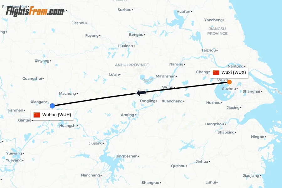 Flights from Wuxi to Wuhan route map