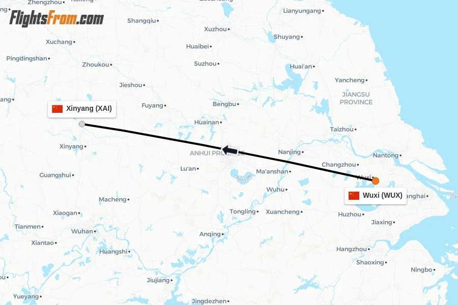 Flights from Wuxi to Xinyang route map