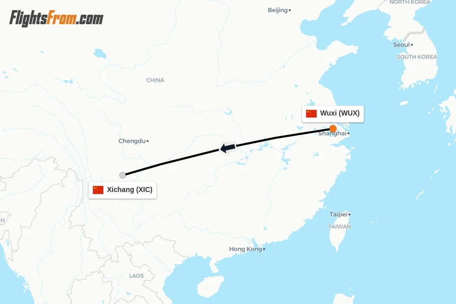 Flights from Wuxi to Xichang route map