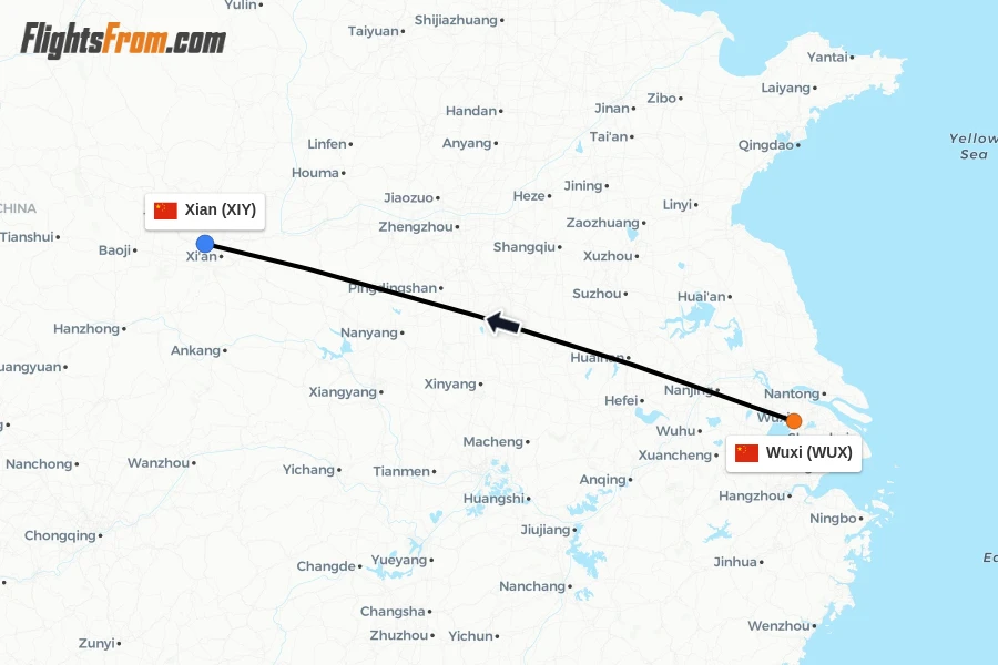 Flights from Wuxi to Xian route map