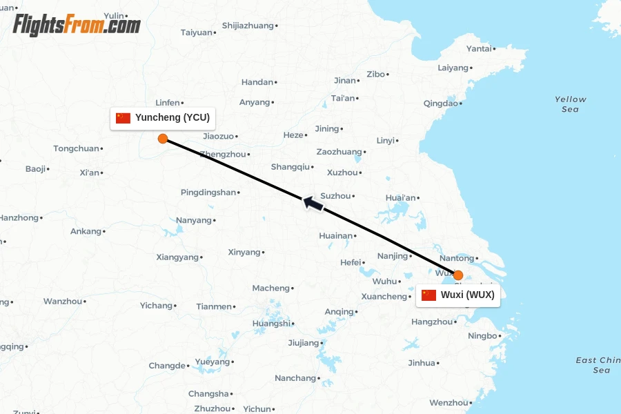 Flights from Wuxi to Yuncheng route map