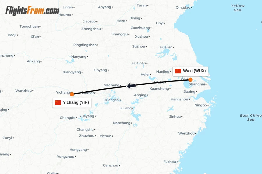 Flights from Wuxi to Yichang route map