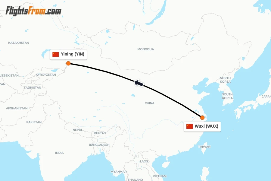 Flights from Wuxi to Yining route map