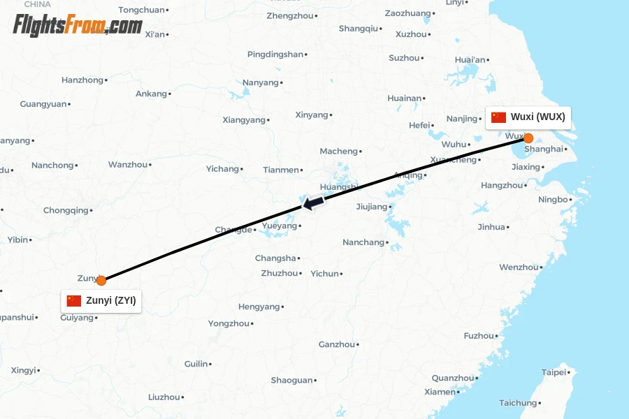 Flights from Wuxi to Zunyi route map