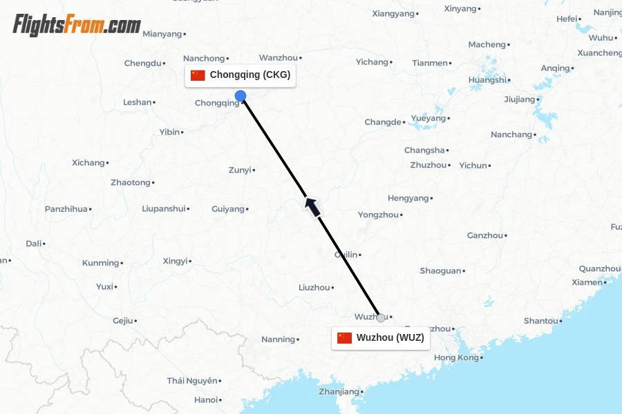 Flights from Wuzhou to Chongqing route map