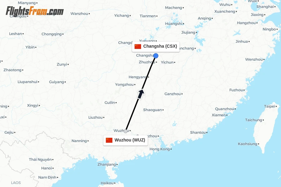 Flights from Wuzhou to Changsha route map