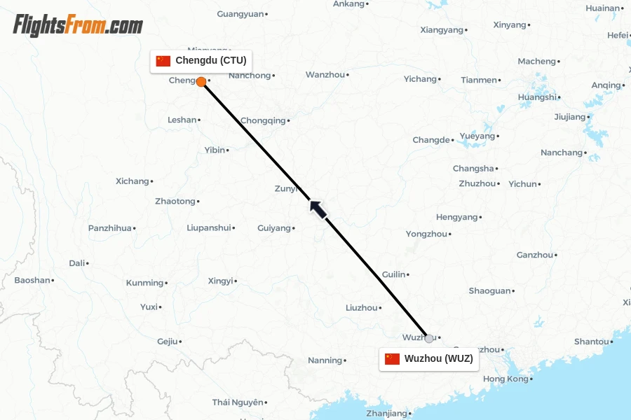 Flights from Wuzhou to Chengdu route map