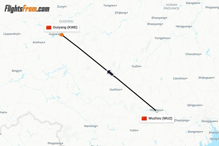 Flights from Wuzhou to Guiyang route map