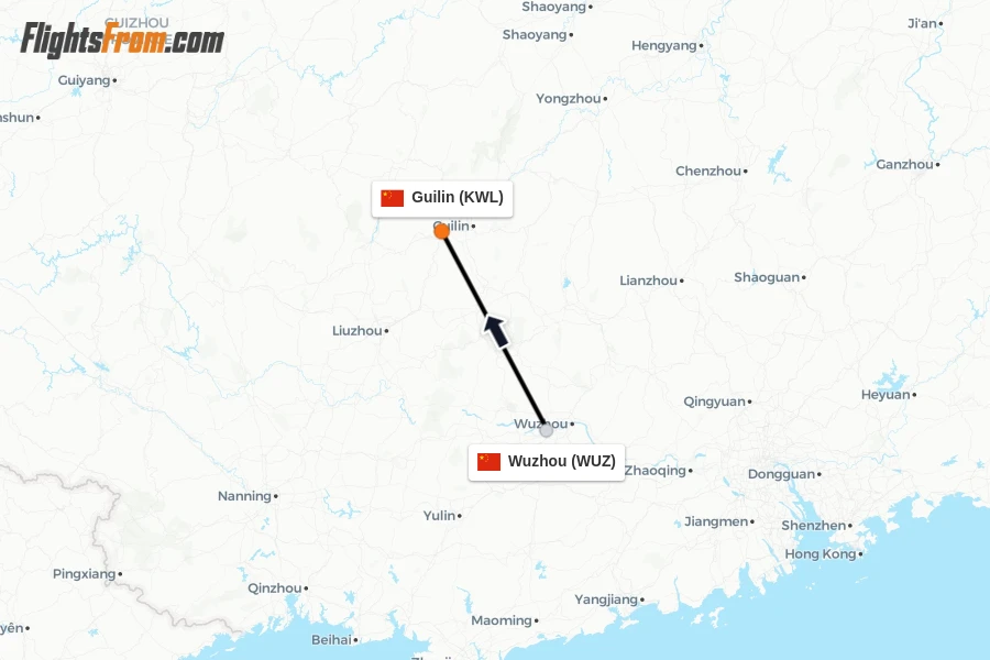 Flights from Wuzhou to Guilin route map