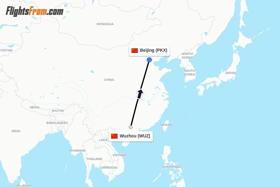 Flights from Wuzhou to Beijing route map