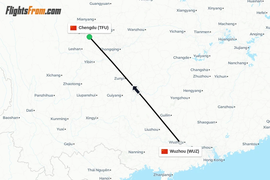 Flights from Wuzhou to Chengdu route map