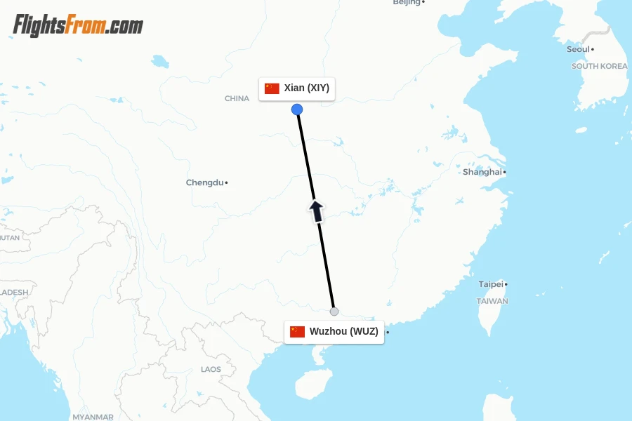 Flights from Wuzhou to Xian route map