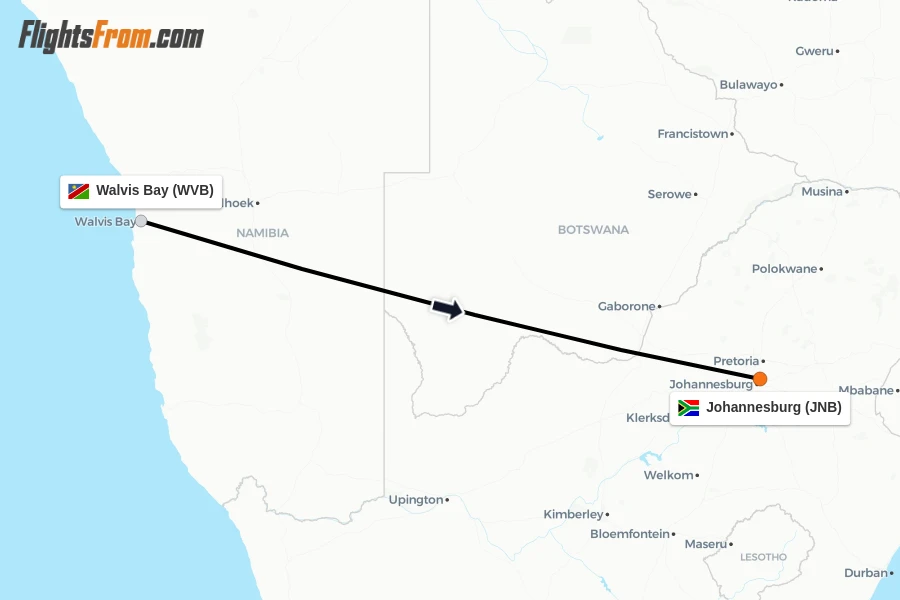Flights from Walvis Bay to Johannesburg route map