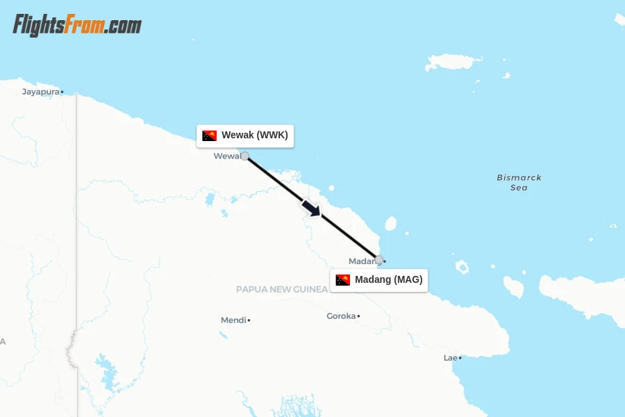 Flights from Wewak to Madang route map