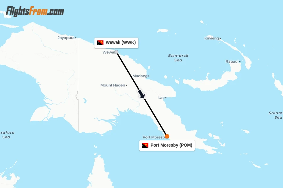 Flights from Wewak to Port Moresby route map