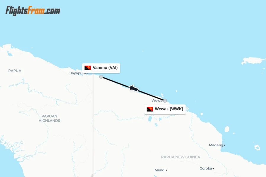 Flights from Wewak to Vanimo route map