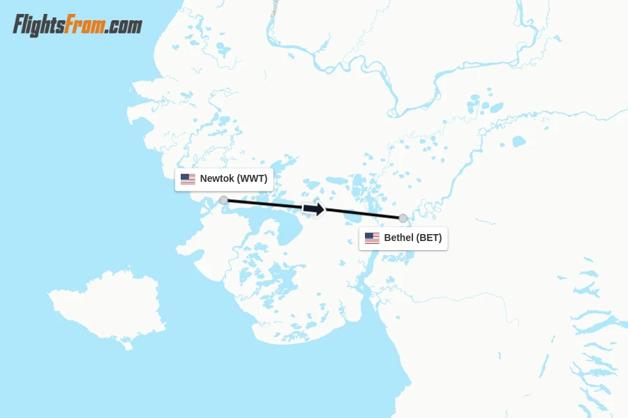 Flights from Newtok to Bethel route map