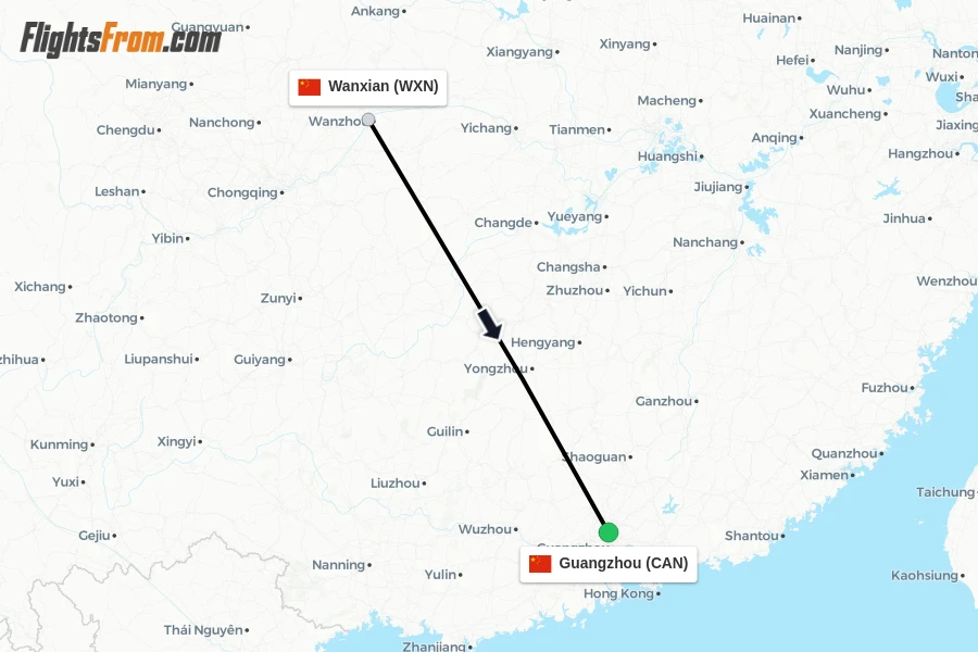 Flights from Wanxian to Guangzhou route map