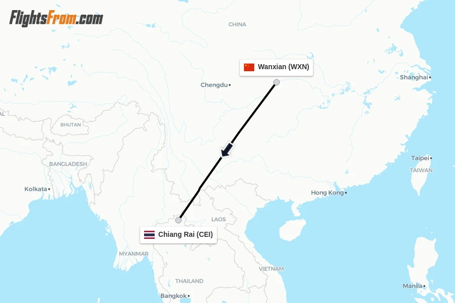 Flights from Wanxian to Chiang Rai route map
