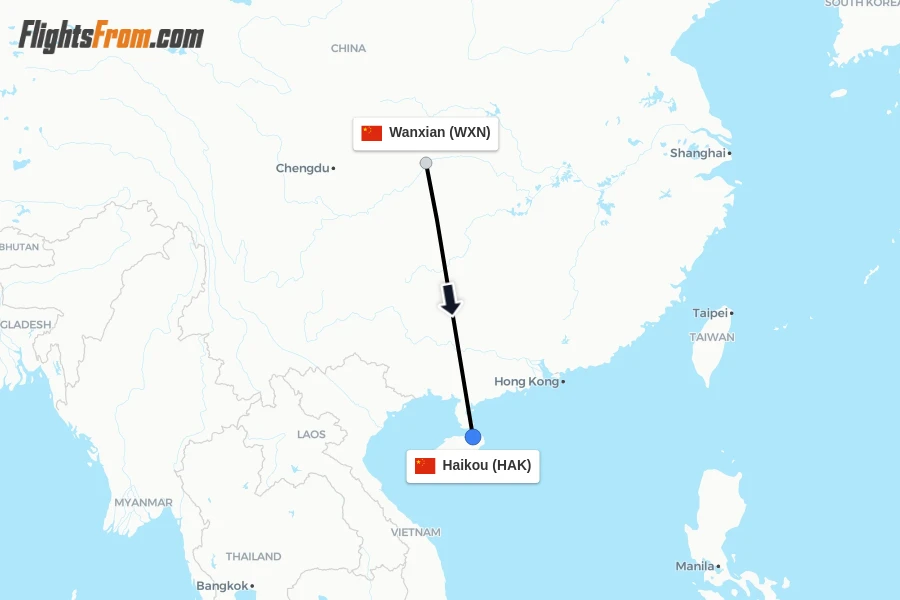 Flights from Wanxian to Haikou route map