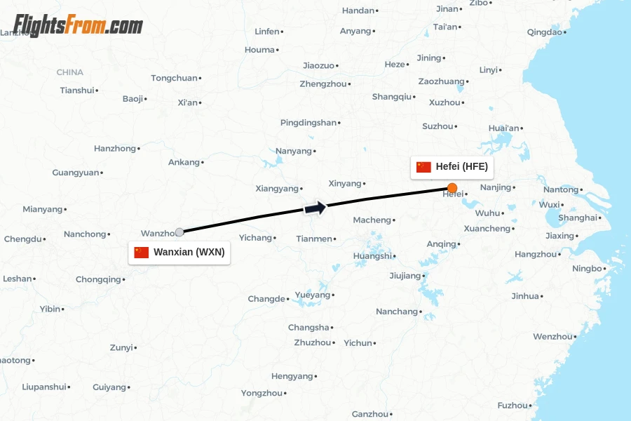 Flights from Wanxian to Hefei route map