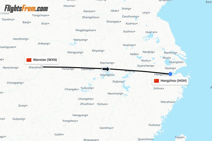 Flights from Wanxian to Hangzhou route map
