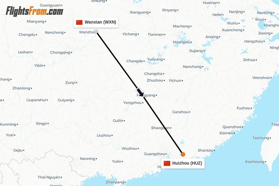 Flights from Wanxian to Huizhou route map