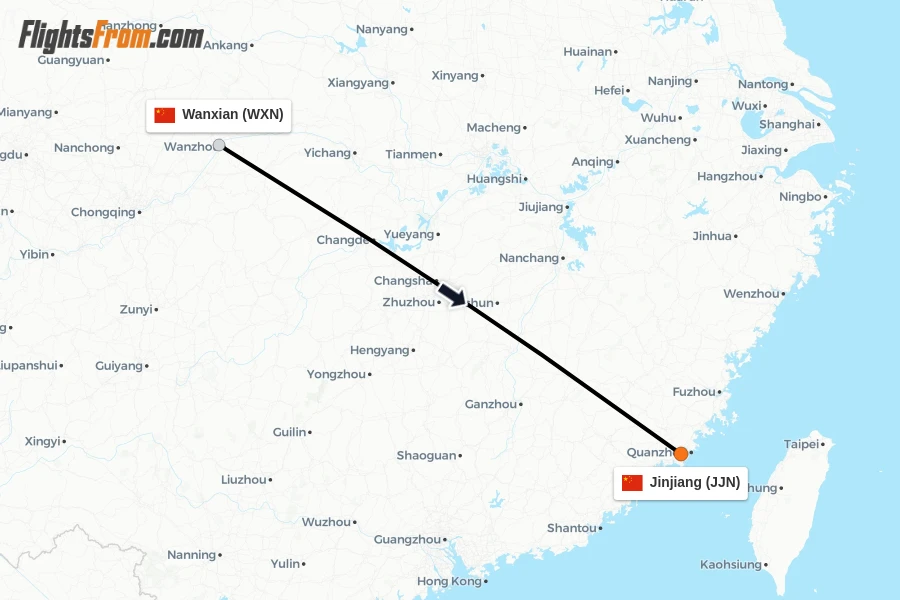 Flights from Wanxian to Jinjiang route map