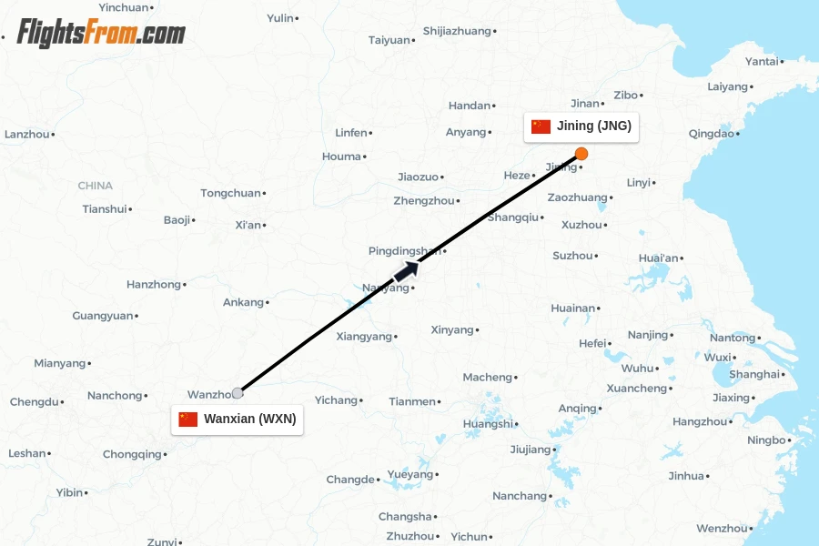 Flights from Wanxian to Jining route map