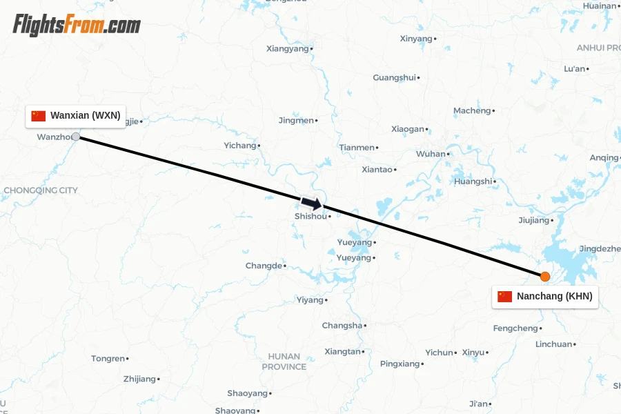 Flights from Wanxian to Nanchang route map