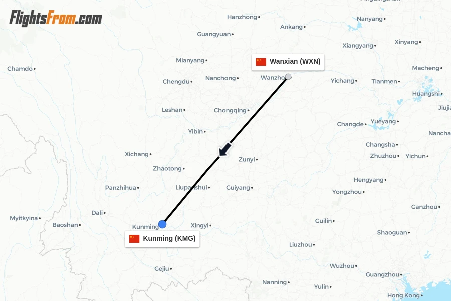 Flights from Wanxian to Kunming route map