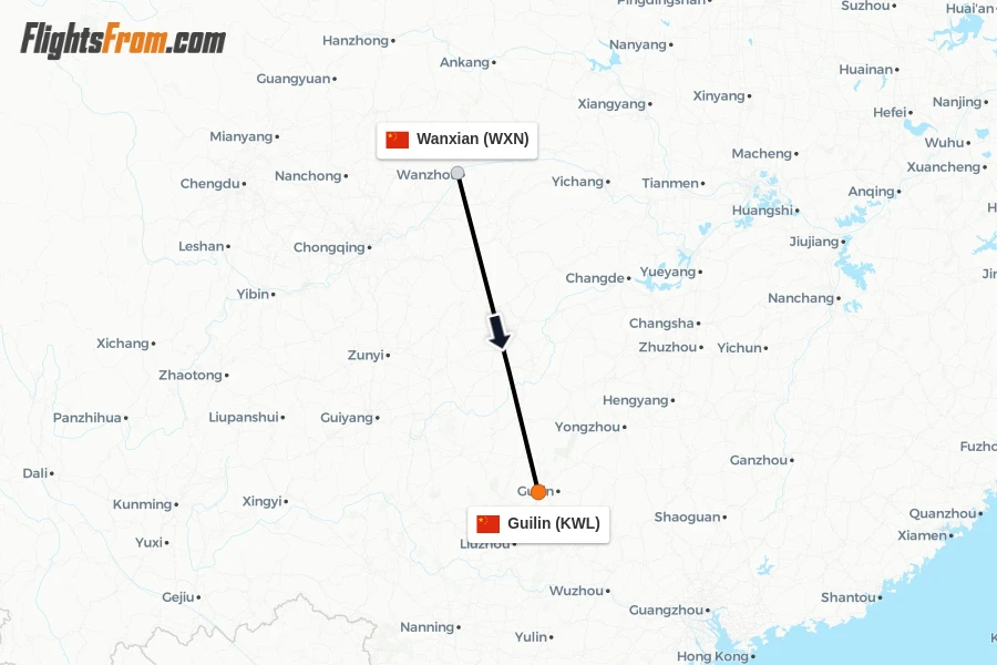 Flights from Wanxian to Guilin route map