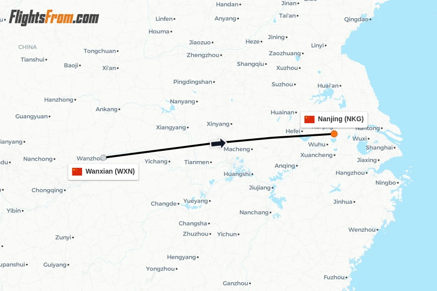 Flights from Wanxian to Nanjing route map