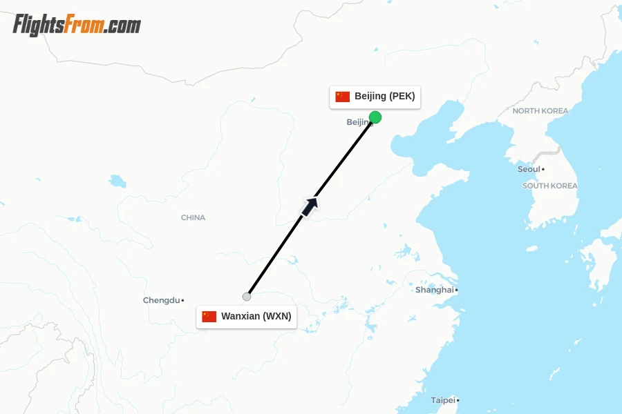 Flights from Wanxian to Beijing route map