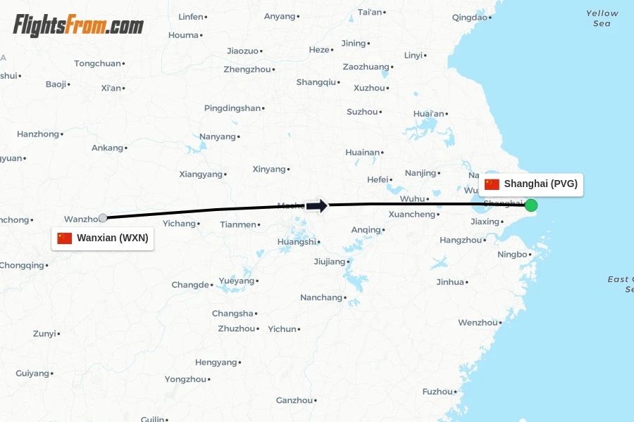 Flights from Wanxian to Shanghai route map